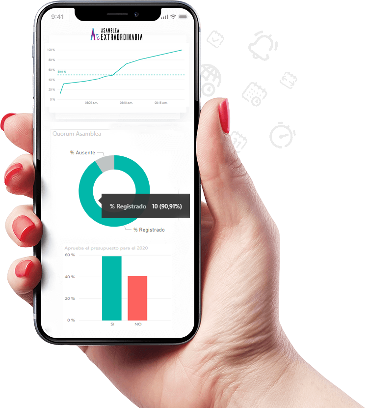 Mano con celular gráficas votaciones electrónicas asambleas virtuales